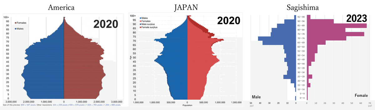 Population pyramids compared, from Nao Kono's post: America (2020), Japan (2020), and Sagishima (2023). The same broad story everywhere is a narrowing base, but on Sagishima the mass has moved almost entirely to the top. / 人口ピラミッドの比較:アメリカ(2020年)、日本(2020年)、佐木島(2023年)