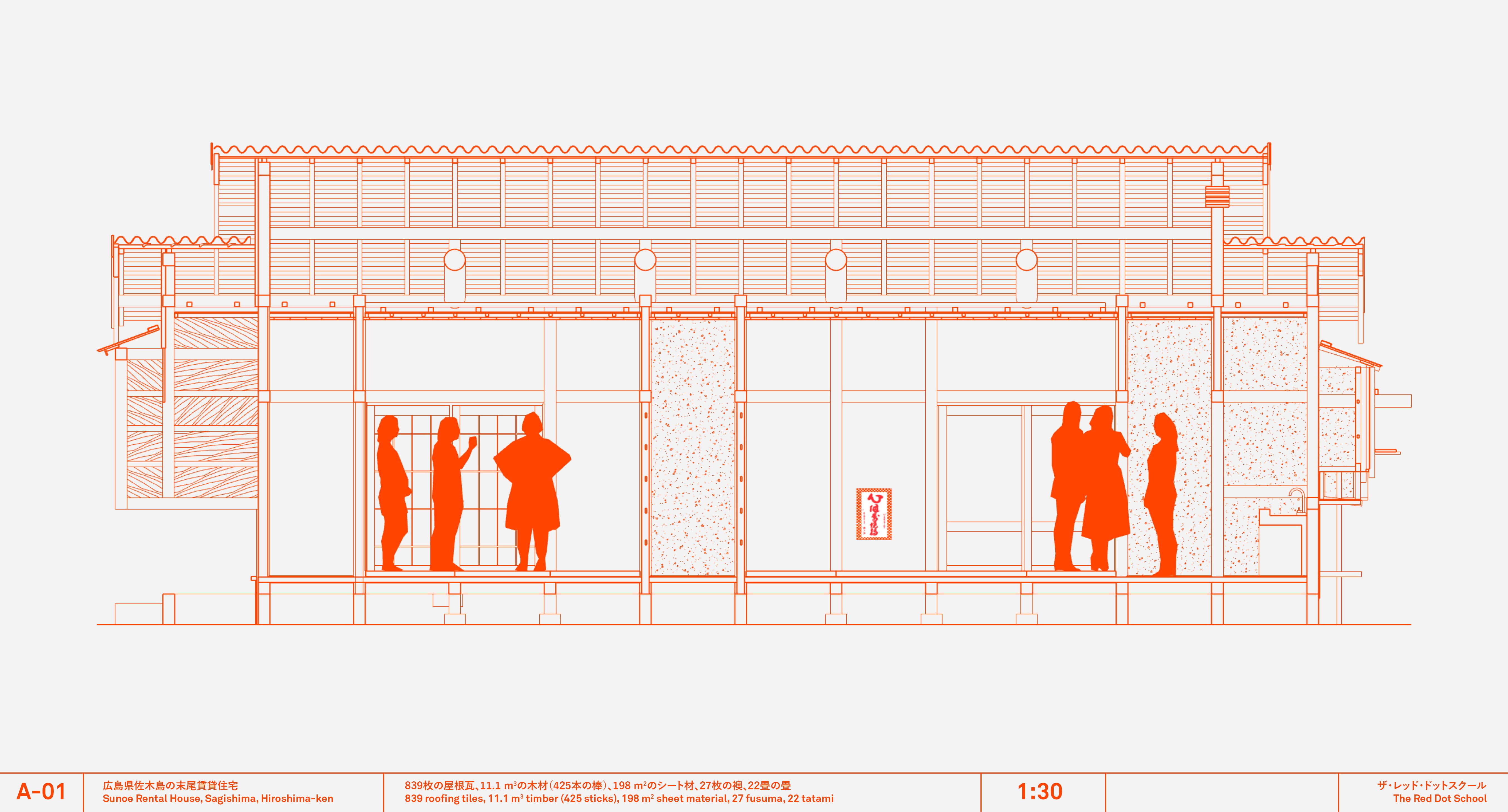 The 2024 Old Home, vermillion-on-cream section drawing in the Foundation's signature drawing language / 2024年「古い家」プロジェクト、当財団独自の朱色製図言語による断面図