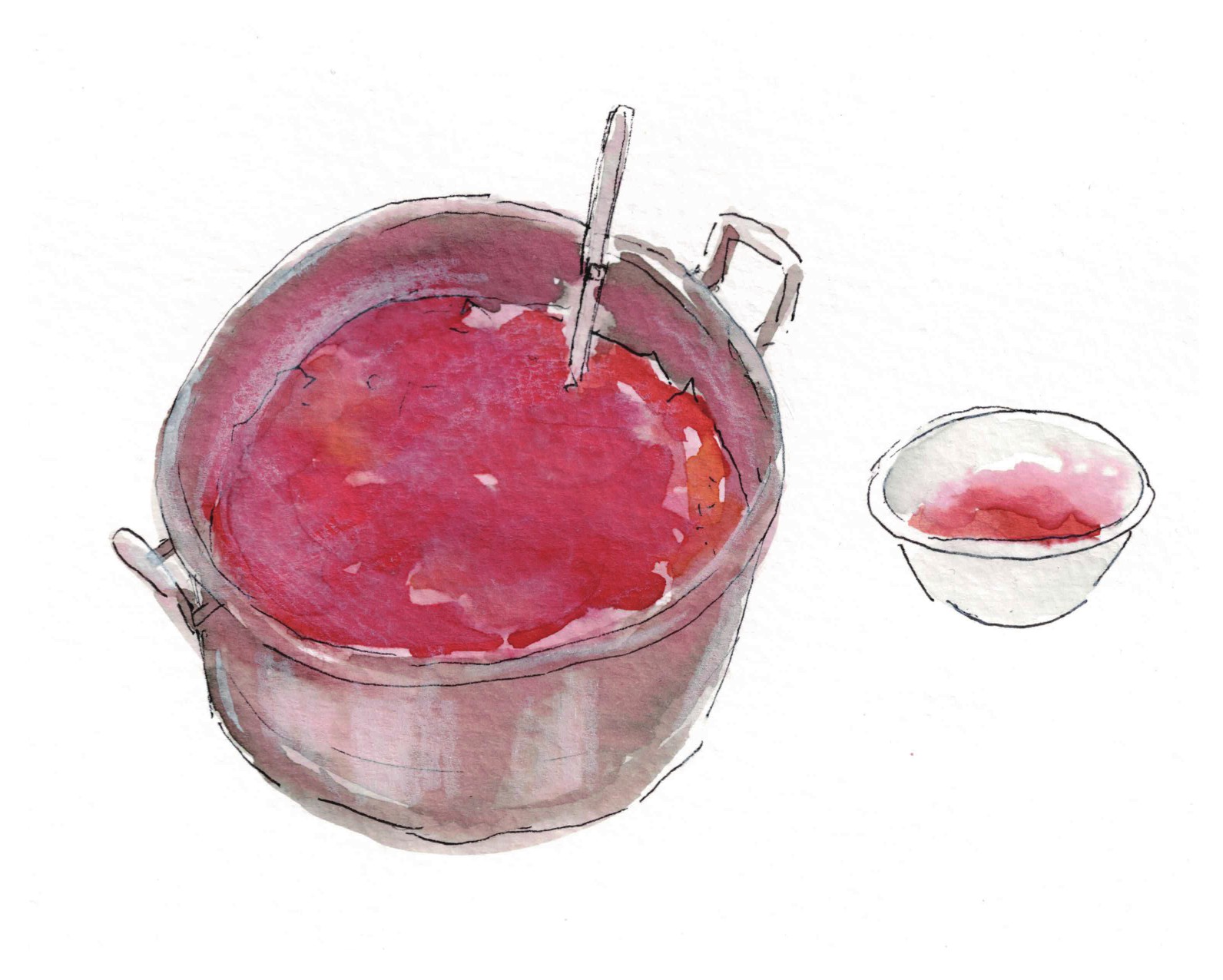 A pot of sekihan (red rice) with a serving bowl. Sekihan is cooked for neighbors on celebratory occasions, as Mr. Yamane prepares it for Mr. Hiraki in thanks for his help. Watercolor, Square group, 2026. / 赤飯の鍋と取り分けの椀。祝い事の折に近所のために炊く。山根さんが手伝いのお礼に平木さんへ届けるように。水彩、Squareグループ、2026年。
