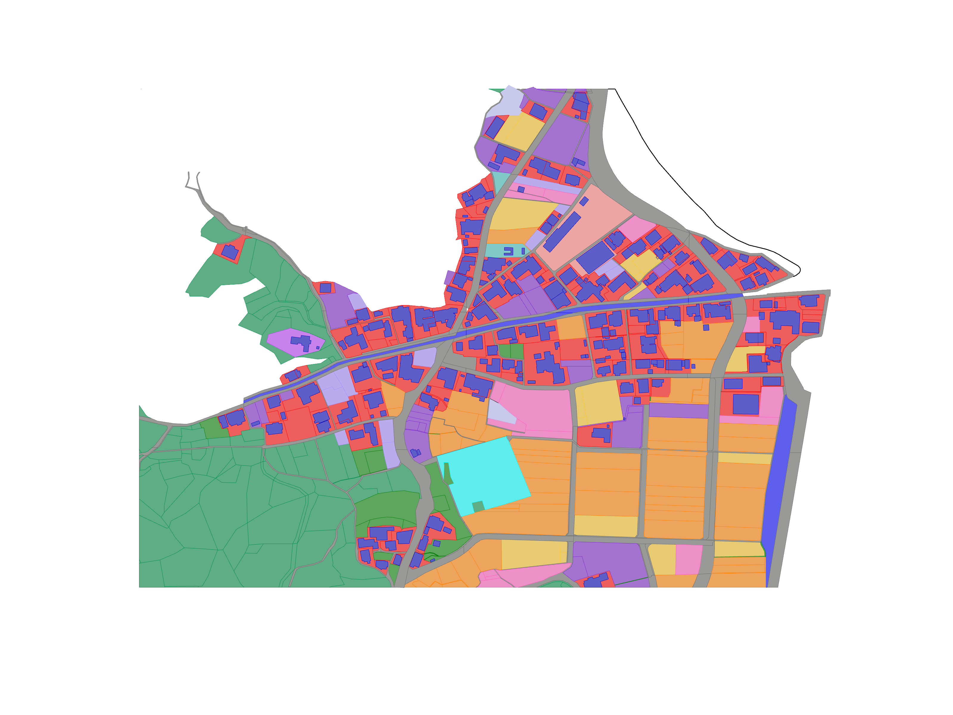 A 2026 land-use map of Sunoue by the Red Dot School's Square group: the district's parcels colored by use, with cultivated plots and woodland to the south and west and the dense building stock along the shore and the main road / レッドドットスクールSquareグループによる2026年の須ノ上の土地利用図。区画を用途ごとに色分けし、南と西に耕地と林地、岸沿いと主要道沿いに密な建物群が広がる。