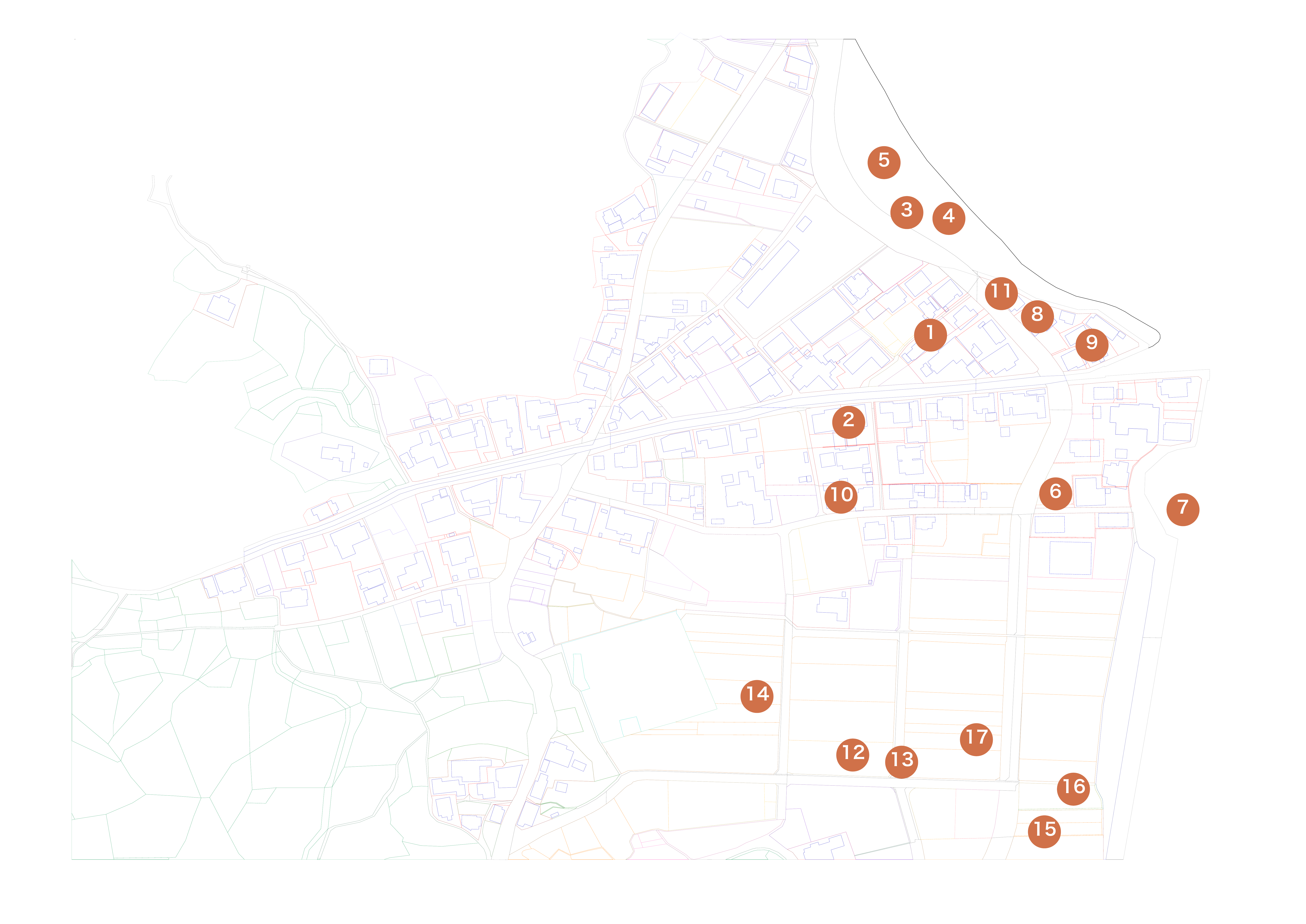 A 2026 Square field map of mutual aid across Sunoue: seventeen marked sites where residents keep one another's land and lives going, drawn from the resident interviews. The numbered points are not individually keyed here. / 2026年、Squareによる須ノ上の助け合いの現地図。住民が互いの土地と暮らしを支え合う十七の地点を、住民インタビューから起こしたもの。番号の各点は、ここでは個別に対応づけていない。