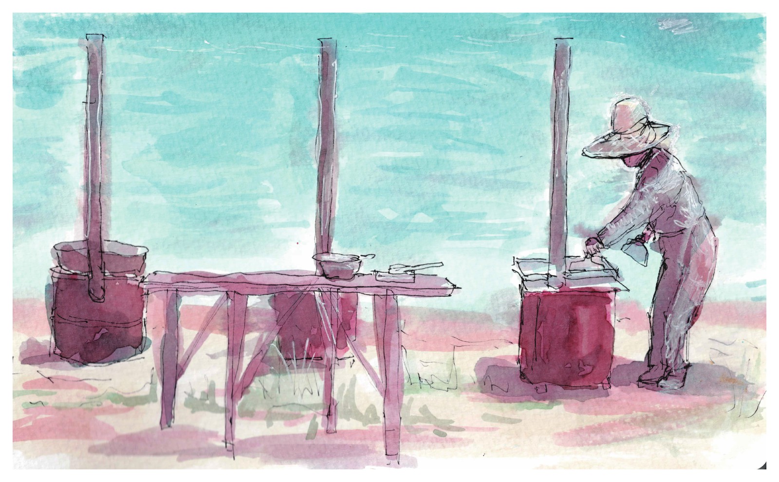 An islander at an open-air work station in the fields, with buckets, tools, and propped poles. / 畑の屋外作業場で働く島の人。バケツや道具、立てかけた棒が見える。