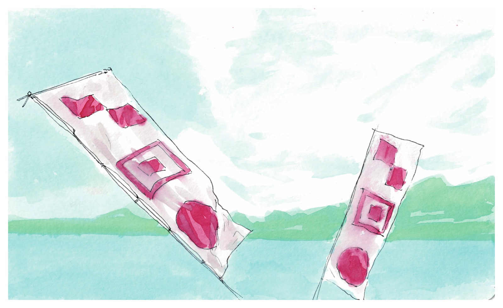 Nobori banners carrying the Red Dot and square marks, flown over the Seto Inland Sea. / 瀬戸内海にはためく、レッドドットと四角の印を染めた幟。