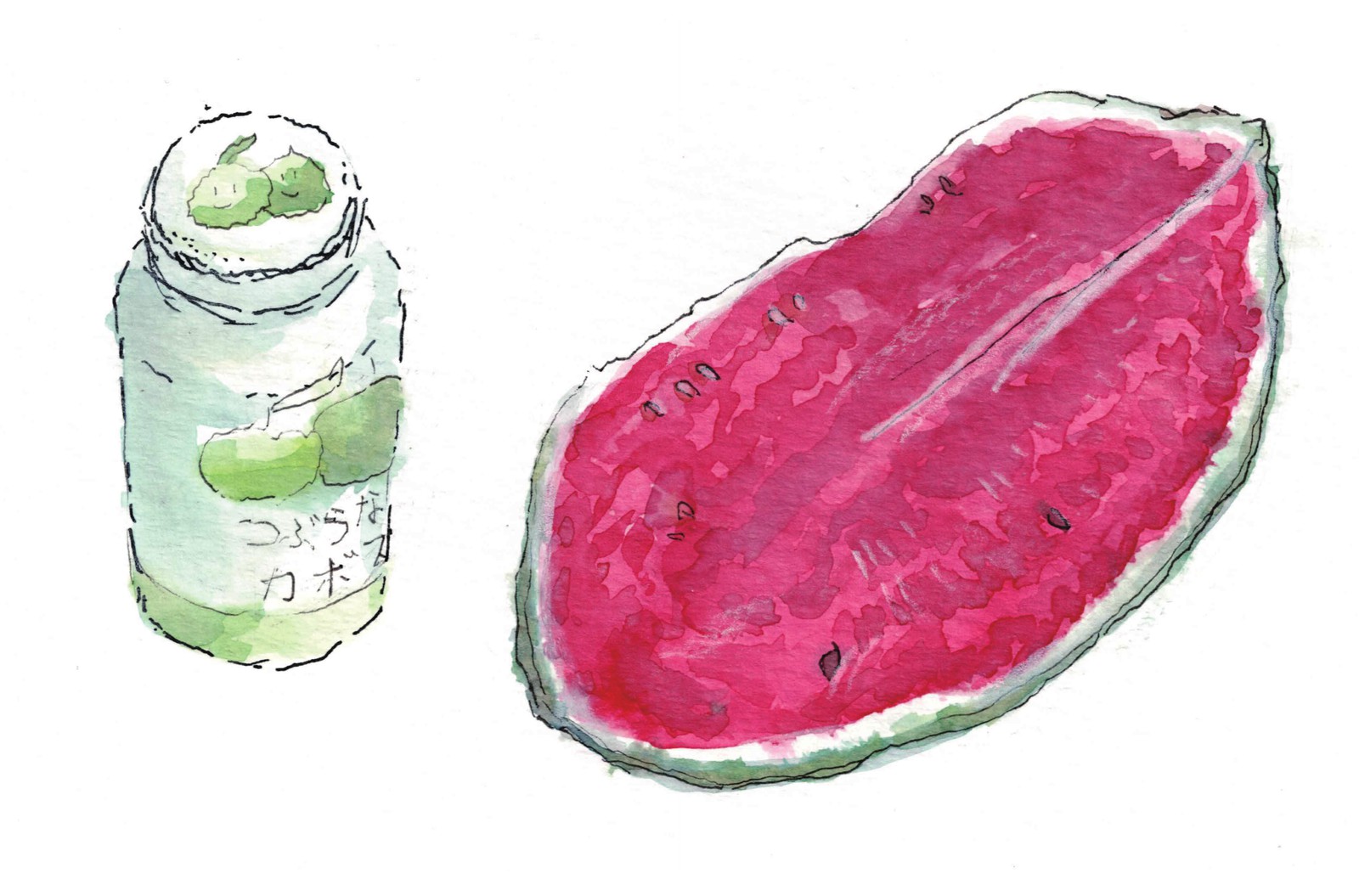 A slice of island watermelon beside a preserving jar. / 島のスイカの一切れと保存瓶。